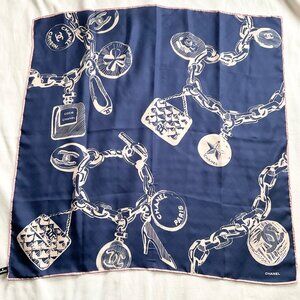 Chanel silk square blue beige scarf 89 by 90 cm purse perfume heel bracelet logo